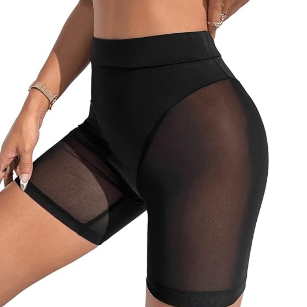 OYOANGLE Women's Sheer Mesh High Waist Biker Shorts Skinny Short Leggings Slip S